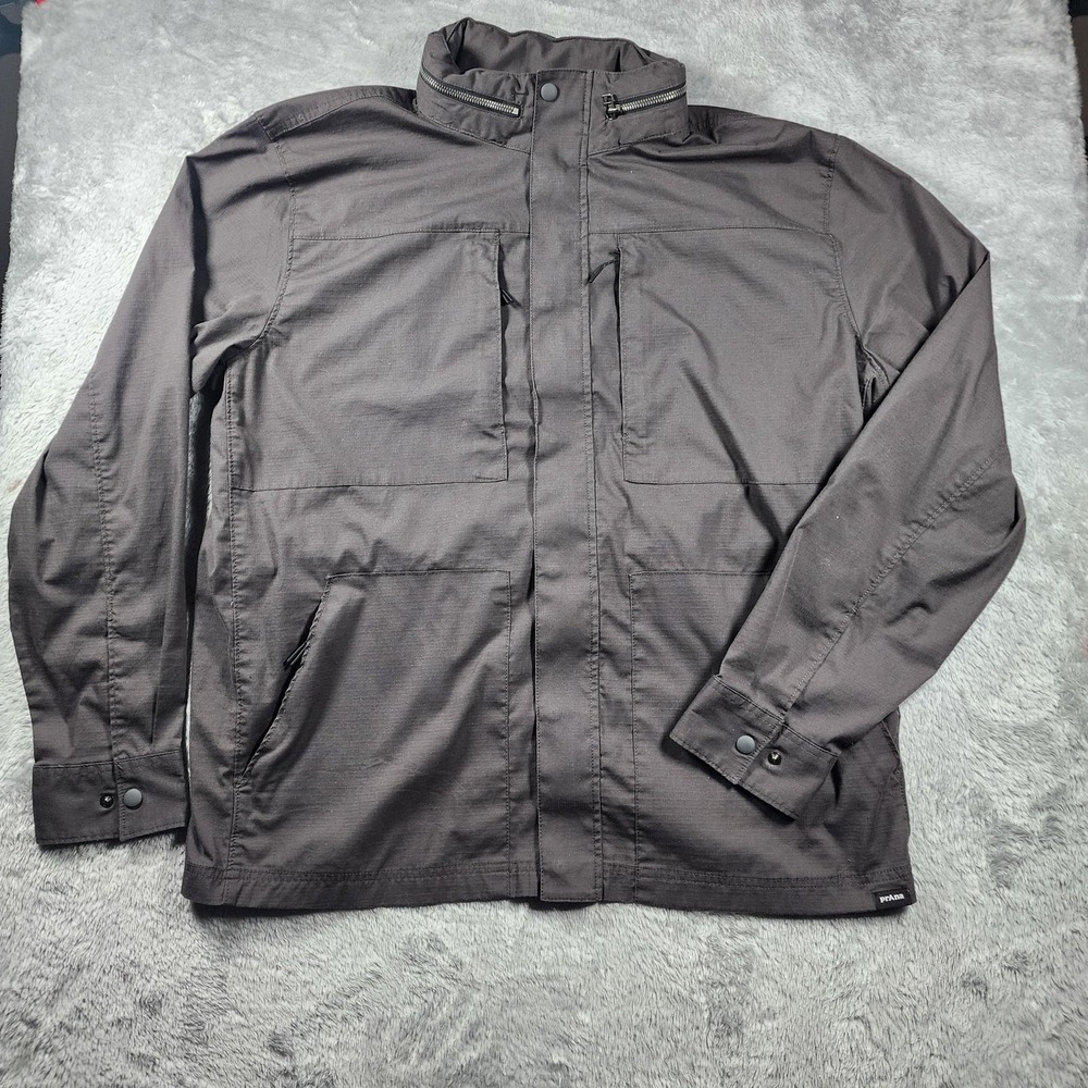 PrAna Jacket Mens XL Gray Hooded Windbreaker Softshell‎ Full Zip Pockets Outdoor